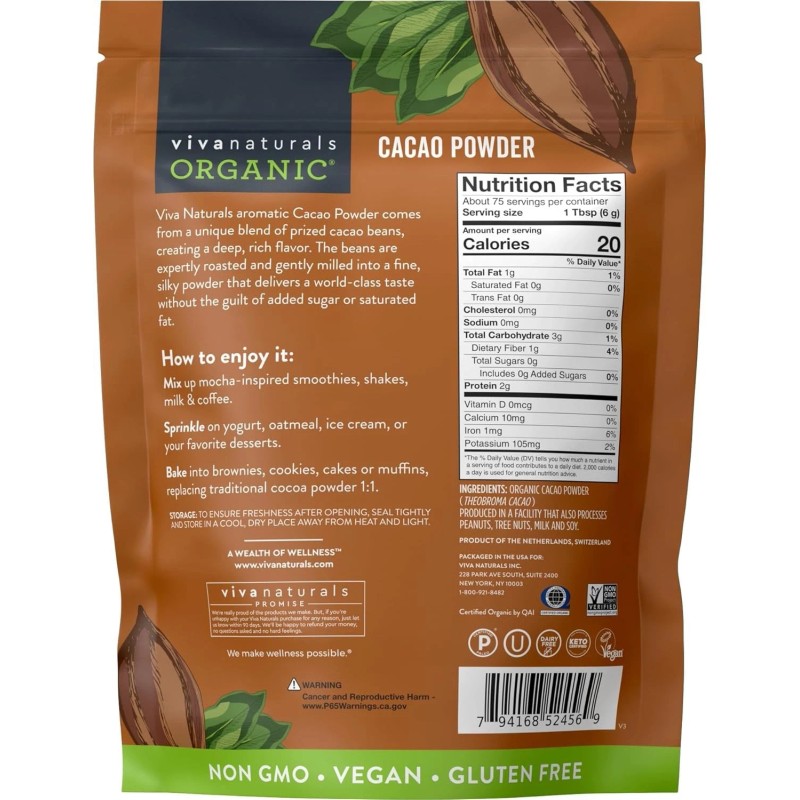 Viva Naturals Organic Cacao Powder, 1lb, Perfect for Baking &