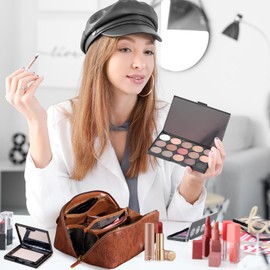 Fi Iya·as Makeup Bag Large Capacity Floral Travel Cosmetic Bags for Women Portable PU Leather Water Resistant Makeup Organizer Bags with Divider and Handle (Brown)