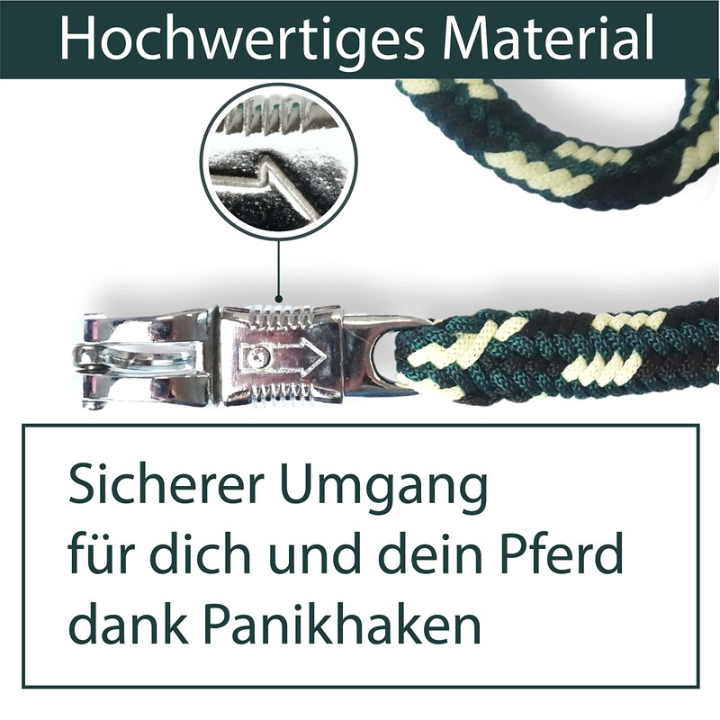 Pferdelinis Horse LEASH, 2 m, Dark Green/Black/Cream, with Sturdy Panic