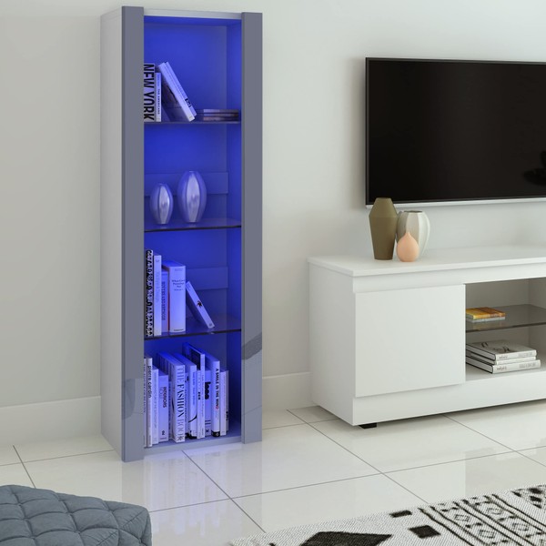 Panana High Gloss Tall Display Cabinet Wood Cupboard Sideboard Free Standing Storage Unit with Glass Shelves RGB LED Lights Living Room White and Grey
