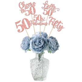 ZHUOWEISM 15 PCS Happy 50th Birthday Centerpiece Sticks Fifty Hello 50 Cheers to 50 Table Flower Centerpieces Sticks 50 Fabulous Floral Decors for Happy 50th Birthday Party Centerpieces Rose Gold