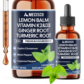 Mecisco 10in1 Lemon Balm Liquid Drops with Vitamin D3, Vitamin K2, Lemon Balm, Ginger, Turmeric, Ceylon Cinnamon, Black Pepper - for Digestion & Relaxation - 60 Day Supply