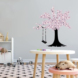 Beautiful Cherry Blossom Tree with Swing Wall Sticker – Vinyl Decal Applied to Any Smooth Surface – Bedroom, Nursery, or Living Room -Removable Stylish Mural Unique Design -Size 9" x 10".