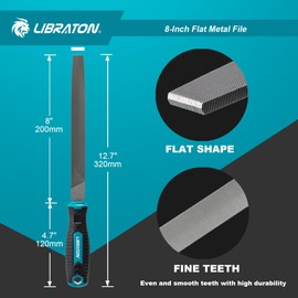 LIBRATON 8-Inch Flat Metal File, Metal File Tool, High Carbon Steel File with Ergonomic Handle, Hand File for Metal, Metalworking, Wood, Plastic, Flat File for Refining, Shaping and Scraping