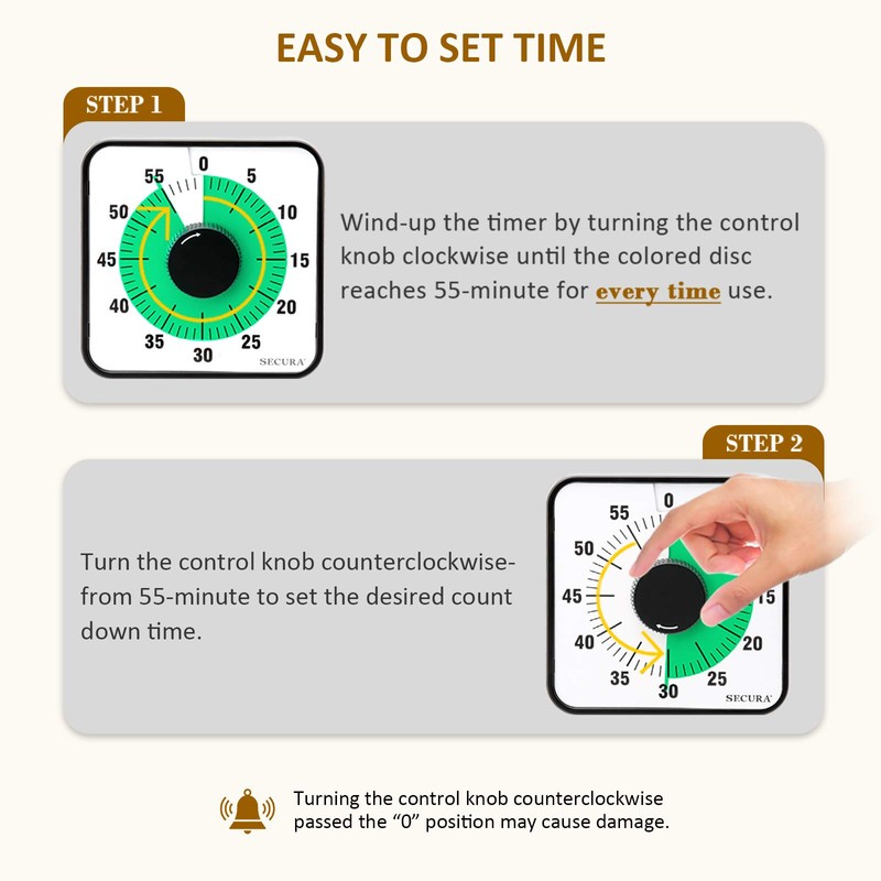 Secura 60-Minute Visual Countdown Timer, 7.5-Inch Oversize Classroom Visual Timer