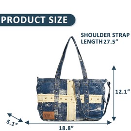 QTKJ Denim Tote Bag for Women, Patchwork Retro Shoulder Bag,with Adjustable Shoulder Strap, Vintage Purse for Women Vacation Travel Daily Matching
