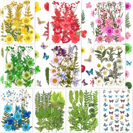 223 Pieces Real Dried Flowers Leaves and Butterfly Stickers Set, Multiple Pressed Dry Flowers Colorful Natural Daisies Flowers and Adhesive Butterfly Decals for DIY Resin Jewelry Nail Crafts