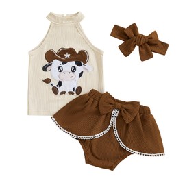 Doisbetthsay Baby Girl Summer Clothes Cow Sleeveless Babydoll Crop Tops Shorts Set Cute Newborn Girls Spring Outfits (Cow Beige, 12-18 Months)