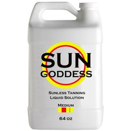 SUN GODDESS – MEDIUM - Spray Tan Solution - 64 oz - Sunless Self Tanning Liquid for Airbrush or HVLP System + INCLUDES: Applicator Mitt, Application Gloves and Best Fake Tanner Lotion Mousse Sample