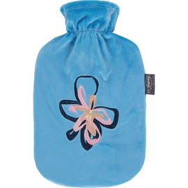 Fashy Hot Water Bottle 2.0 L with Fleece Cover and Flower Appliqué Blue