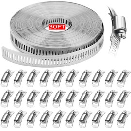 WSWECCL Hose Clamps 30FT Strap+30 Fasteners,DIY Cut-To-Fit 304 Stainless Steel Adjustable Large Worm Gear Band Clamp Assortment Kit,Metal Screw Fasteners and Strapping for Pipe,Duct,Pole,Tube