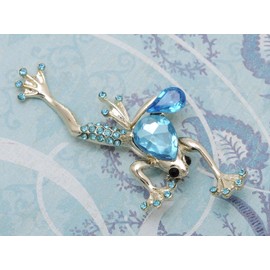 Alilang Sapphire Blue Jet Black Crystal Rhinestone Gem Golden Tone Frog Pin Brooch