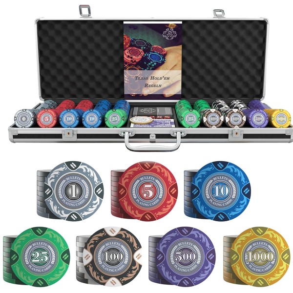 Bullets Playing Cards Poker Case 'Tony' with 500 Clay Poker Chips - Premium pokerset for cashgame and tournaments