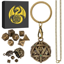 Mini DND Dice Set with Keychain Necklace Pocket Chain Spherical Hollow D20 Metal Case, 7pcs Polyhedral Metal D&D Dice Set, DND Gifts with Gift Box, Role Playing Board Games Accessories, Bronze