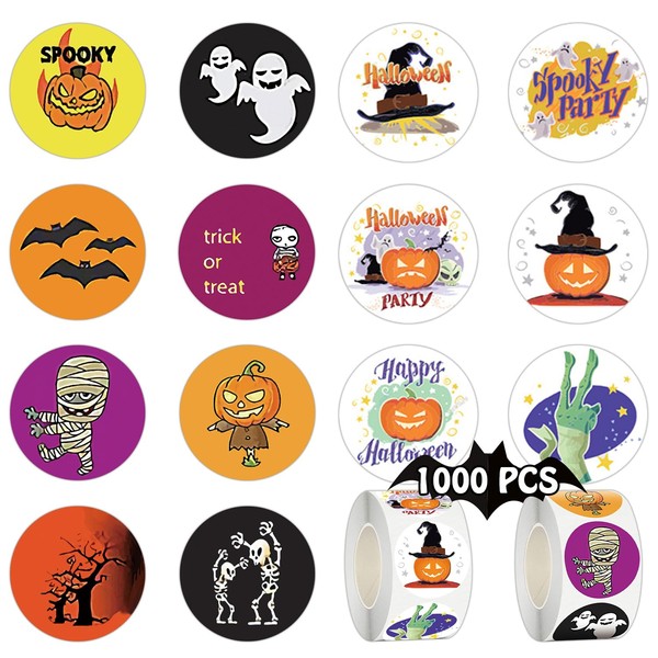 Partywind 1000 PCS Halloween Stickers for Kids, Halloween Labels for Gifts Decor for Party Supplies Favor Decorations, Pumpkin Ghost Stickers for Kids Halloween Trick or Treat (2 Rolls)