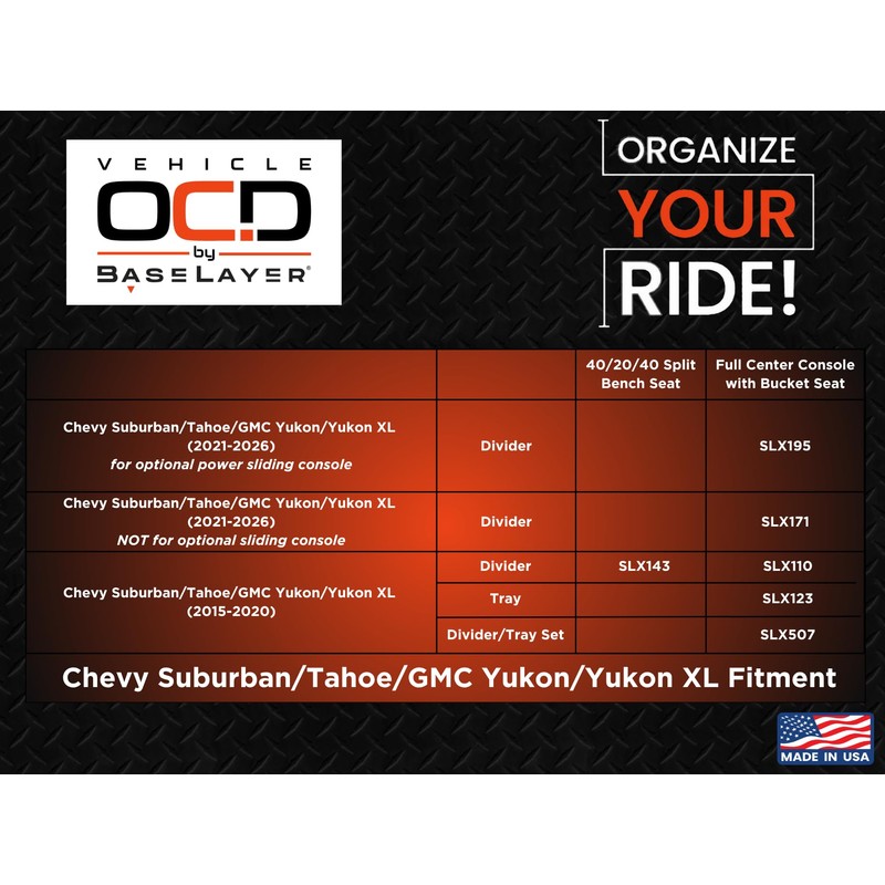 Vehicle OCD – Center Console Organizer for Chevy Suburban/Chevy Tahoe/GMC