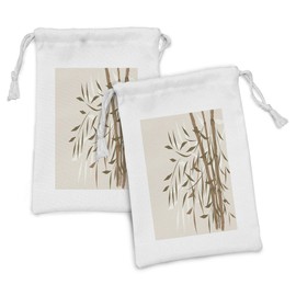 Lunarable Exotic Print Fabric Pouch Set of 2, Tree Design in Neutral Soft Colors Asian Culture Inspired Art Eastern, Small Drawstring Bag for Toiletries Masks and Favors, 9" x 6", Beige and Brown