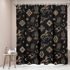 EGLGCC Extra Long Shower Curtain 72x84 Inch Western Cowboy Aztec Desert Southwest Boho Cactus Black Gold Bull Skull Farmhouse Country Fabric Polyester Cloth Washable Waterproof Bathroom Decor 12 Hooks