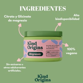 Kind Origins Magnesio Blend en Polvo, Citrato y Glicinato de Magnesio con 65 porciones