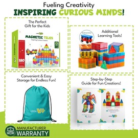 Little Vo Magnetic Tiles 180 PCS with 2 Cars – STEM Building Blocks for Kids, Educational Gift for Boys & Girls