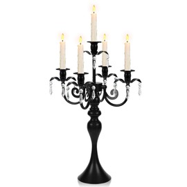 20''Tall Black Crystal Pendant Taper Candle Holders/Stylish Candle Stands/Candlesticks Holder/Candelabra for Home Decor, Weddings/Parties/Elegant Dining Table Centerpiece (1, Black, 5 Arm)