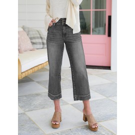 Dokotoo Wide Leg Pants Jeans for Women Trendy Womens Pants High Waisted Pants Baggy Straight Petite Jeans 2024 Outfits Fashion Clothes Casual Summer Pants Pocket Trousers Stretch Denim Medium Grey