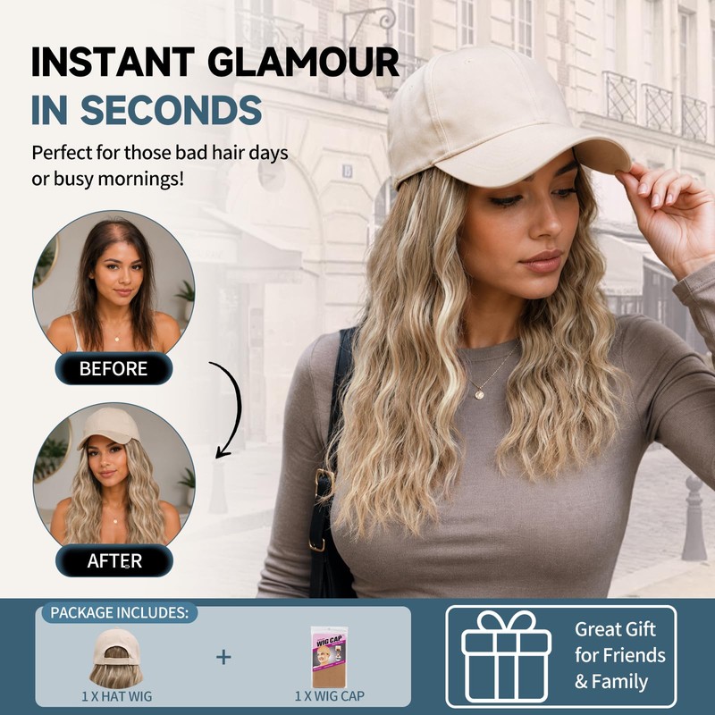 Hat Wigs 20" Hat with Hair Attached for Women,Long Wavy