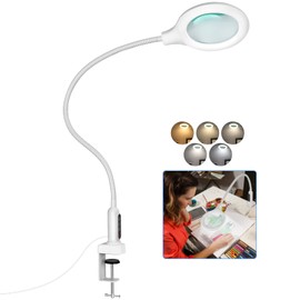 TOMSOO 26" Gooseneck Magnifying Lamp with Clamp, 5 Color Modes Stepless Dimmable LED Desk Light with Magnifying Glass, 8X Real Glass Lighted Magnifier Hands Free for Painting Close Work Craft Hobby