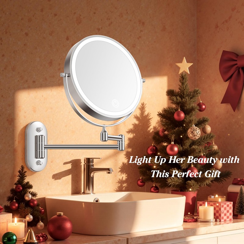 Auxmir 1X/30X Wall Mounted Makeup Mirror with Light, 8" Rechargeable