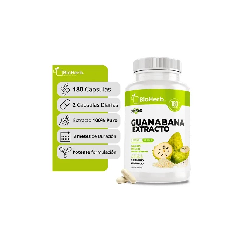 Guanábana Extracto 100% Puro Bioherb 180 Capsulas De 500mg