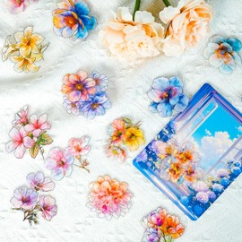 30Pcs Sparkly Flower Stickers for Kindle, Floral Sticker with Gold Holographic Outlines Waterproof Transparent Scrapbook Sticker for Junk Journal Bullet Journals Planners (Pink)