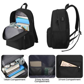 ZUBOND Unisex Black Backpack for School & Travel - Lightweight Laptop Backpack with USB Port Fits 15.6 Inch Notebook, Water Bottle Pocket - Ideal for Teens, College Students, Adults