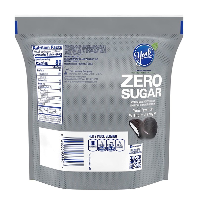 YORK Zero Sugar Chocolate Peppermint Patties Candy, Individually Wrapped, Aspartame