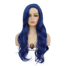 Baruisi Long Curly Wavy Blue Wigs for Women Side Part Natural Looking Cosplay Synthetic Fiber Wig Heat Resistant Replacement Wig
