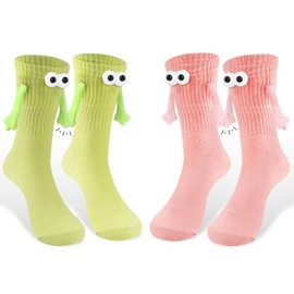 ABTOLS 2 Pairs Magnetic Hand Holding Socks for Women Men, Pink Green Magnetic Suction Sock 3D Doll Couple Crazy Socks Funny Couple Gifts, Best Friend, Engagement, Anniversary, Teens Cute Weird Stuff