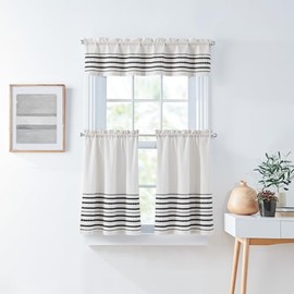 Curtain works - Juego de cortinas bohemias de cocina, 3 piezas, filtrado de luz, rayas tejidas globales, par de niveles de 28 de ancho x 36 de largo, cenefa de 56 de ancho x 14 de largo, rayas blancas y negras