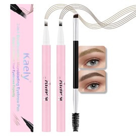 2pcs Dark & Light Brown Magic Microblading Eyebrow Pencils with 4 Brushes Micro-fork Tip Precision Applicator, Single-ended Eyebrow Brush, Waterproof and Long-lasting, Eyebrow Pencils for Women, 01+02