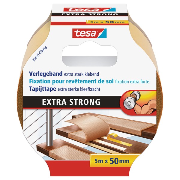 tesa UK Tesa 05681-18 Flooring Tape with Extra Strong Hold, White/Brown, 5 M X 50 Mm
