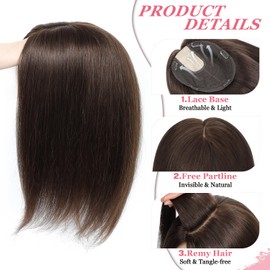 GULALUUK Hair Toppers for Women Real Human Hair Hair Pieces for Women Human Hair Toppers No Bangs 7.5x8 inch Lace Base Clip in Topper Wiglets Hairpieces for Thinning Hair 15 inch Dark Brown