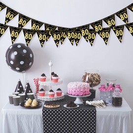 80th Birthday Bunting Black Gold Bunting Decoration Fabric Garland Banner 80th Birthday Decoration Bunting Happy Birthday Garland Hanging 80th Birthday Party Decoration for Men Women