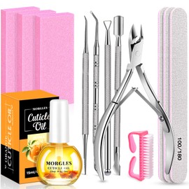 MORGLES Cuticle Remover Tools, Nail Files and Buffers Set with 1 Orange Cuticle Oil, Trimmer and Pusher, Nail Care Kit for Women