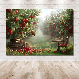 MEHOFOND 7x5ft Spring Apple Orchard Backdrop Pastoral Books Wooden Photography Background Chair Table Kids Birthday Wedding Maternity Portrait Decor Banner Photo Studio Props