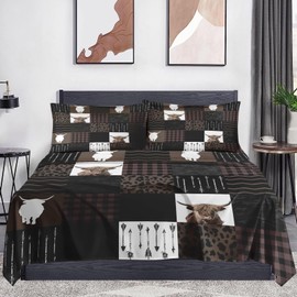 WeCozy Full Size 4 Pcs Bed Fitted Sheet Set with 14" Deep Pocket, Brown Farm Vintage Print Flat Sheet Set for Kids and Adults, Highland Cow Animal Bedding with 2 Pillowcases