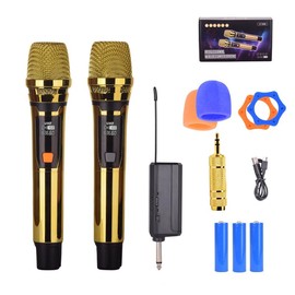 Handheld Wireless Microphone, Rechargeable UHF Microphone, Plating Gold 2 MIC,Handheld Dynamic Wireless Mic for Large Stage Singing Karaoke Wedding DJ Party Speech Church Class Use PA System