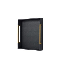 Extra Large Black Shagreen Leather Ottoman Tray with Gold Handles 20"x20" for Living Room, Modern Wooden Decorative Serving Tray for Coffee Table Dinning Table (Black-Gold, Square 20")