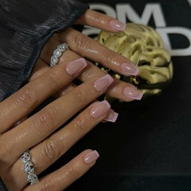 KQueenest 30 Pcs Light Pink French Tip Press on Nails Short Square Nails Press ons, Natural Nude Fake Nails Acrylic, Classic Glue on Nails Short Coffin, Gel French Nails for Women DIY Manicure