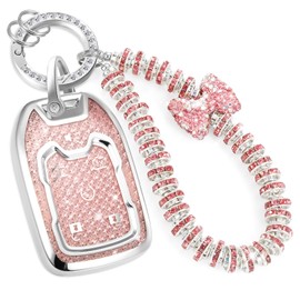 CTRINEWS for GMC Key Fob Cover with Fashionable Zirconia Wristlet KeyChain, Enchanting Diamond Patterns Soft Case for GMC Terrain Yukon XL Chevy (6 buttons) Key Fob Shell (Pink, A)