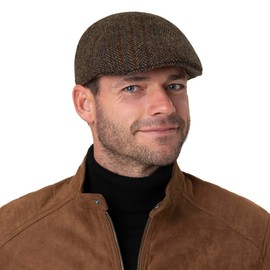 Stetson Texas Harris Tweed Flat Cap - Hat - Classic Peaked Cap - Herringbone Pattern - Handmade - Men - Autumn/Winter, black / grey, 58