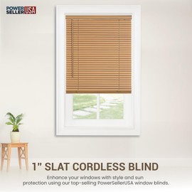 PowerSellerUSA Cordless Window Blinds, Privacy & Light Filtering 1" Slats Vinyl Mini Blind, Anti-UV Window Treatment, Fits Windows 18" - 72", Woodtone, 23" (Width) x 64" (Length)