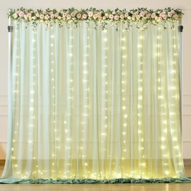 10x10ft Sage Green Backdrop Curtain with Lights String for Wedding, Wrinkle Free Tulle Backdrop Curtain for Baby Shower, Sheer Curtain with Lights for Birthday Party (5 x 10ft,2 Panels)